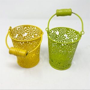 Set Of 2 Decorative Metal Baskets With Handles Flowers Lime Green Yellow